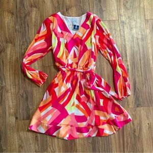 Nicole Miller‎ Dress Size L Long Sleeve V-neck Pleats Cinched Belted Waist Pink